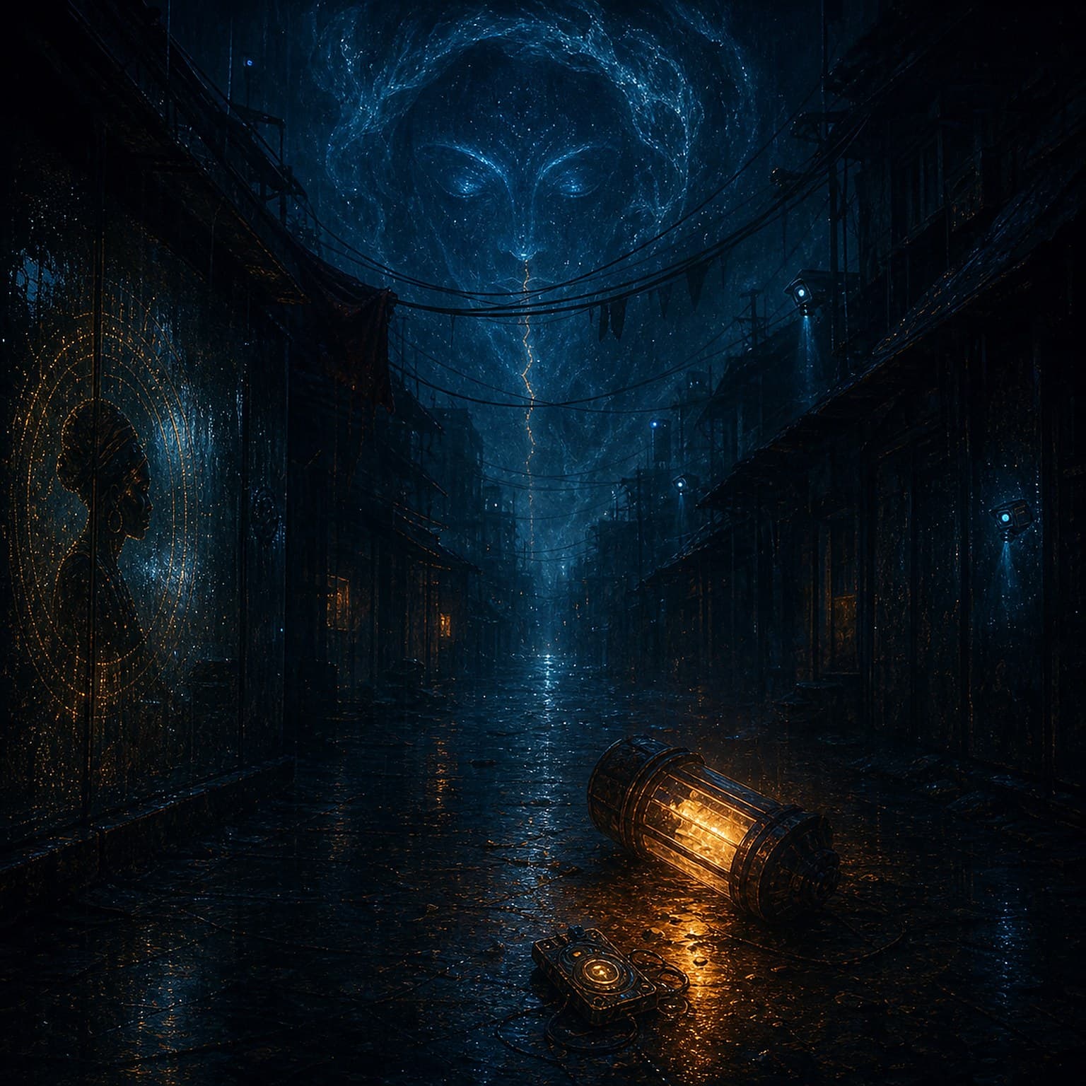 Blue light hangs over a dark wet street, with a small amber reflection below.