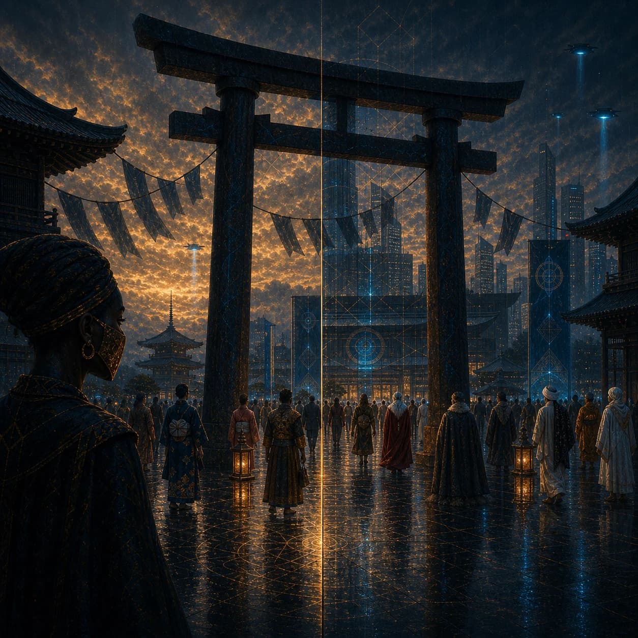 People gather beneath a monumental gate hung with banners.