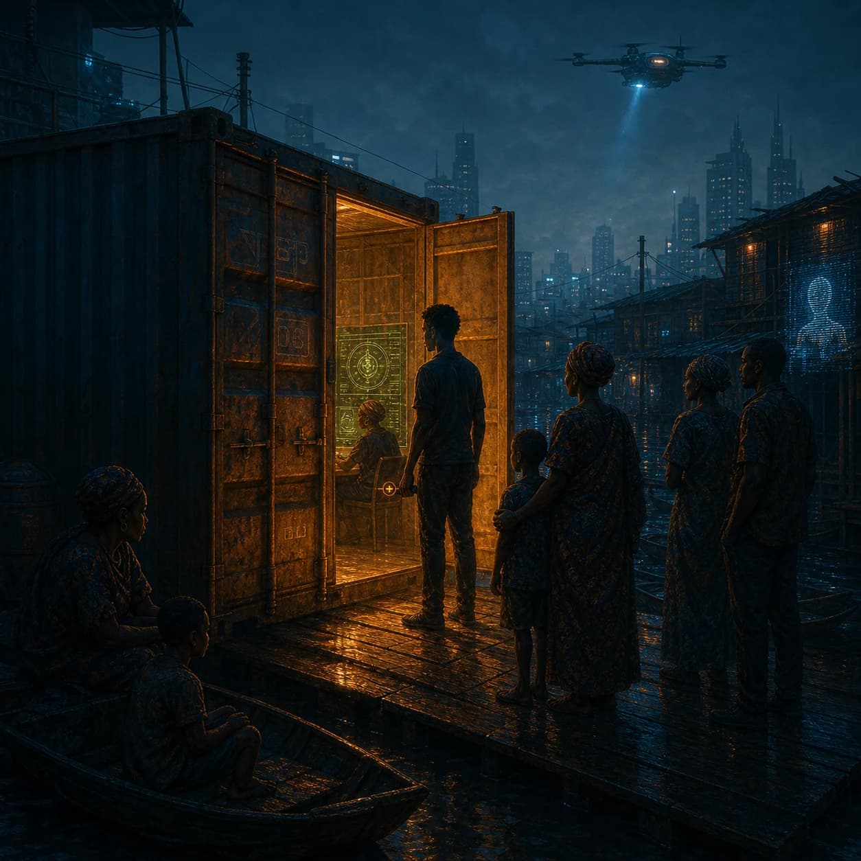 A warm doorway opens onto a settlement beside the water.