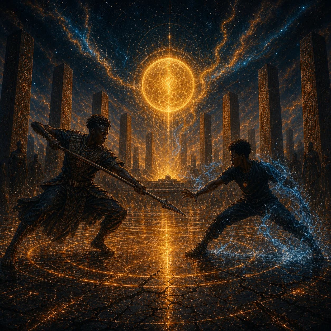 Two figures face one another beneath a golden disc between tall columns.