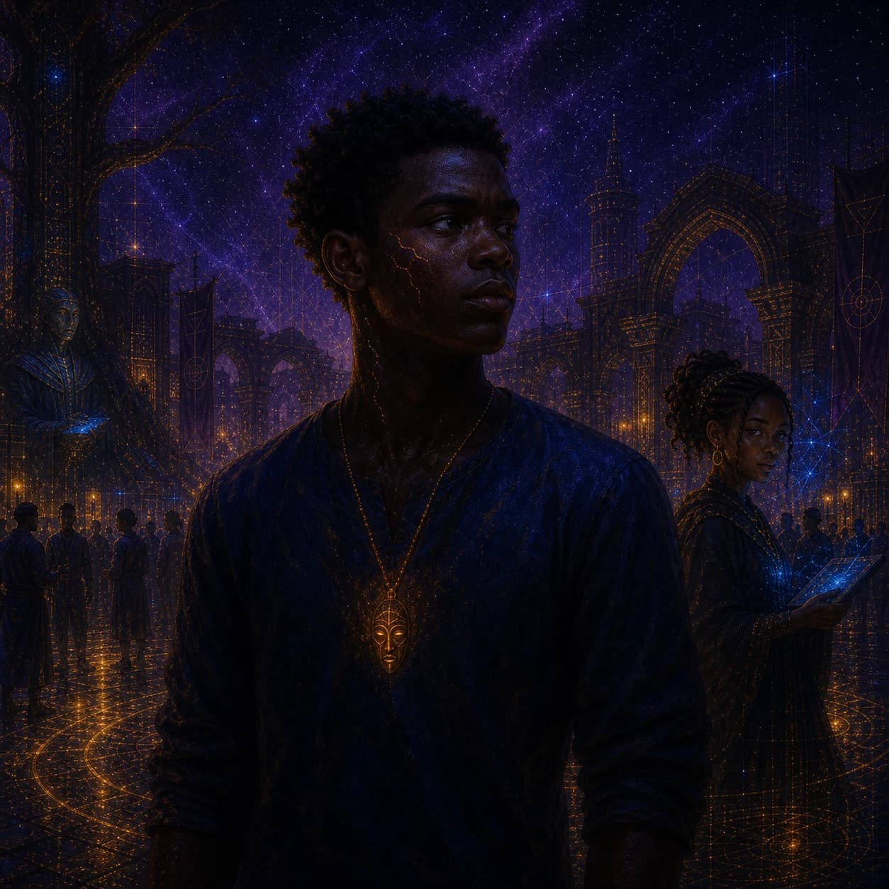 A young man stands before a crowded, luminous hall.