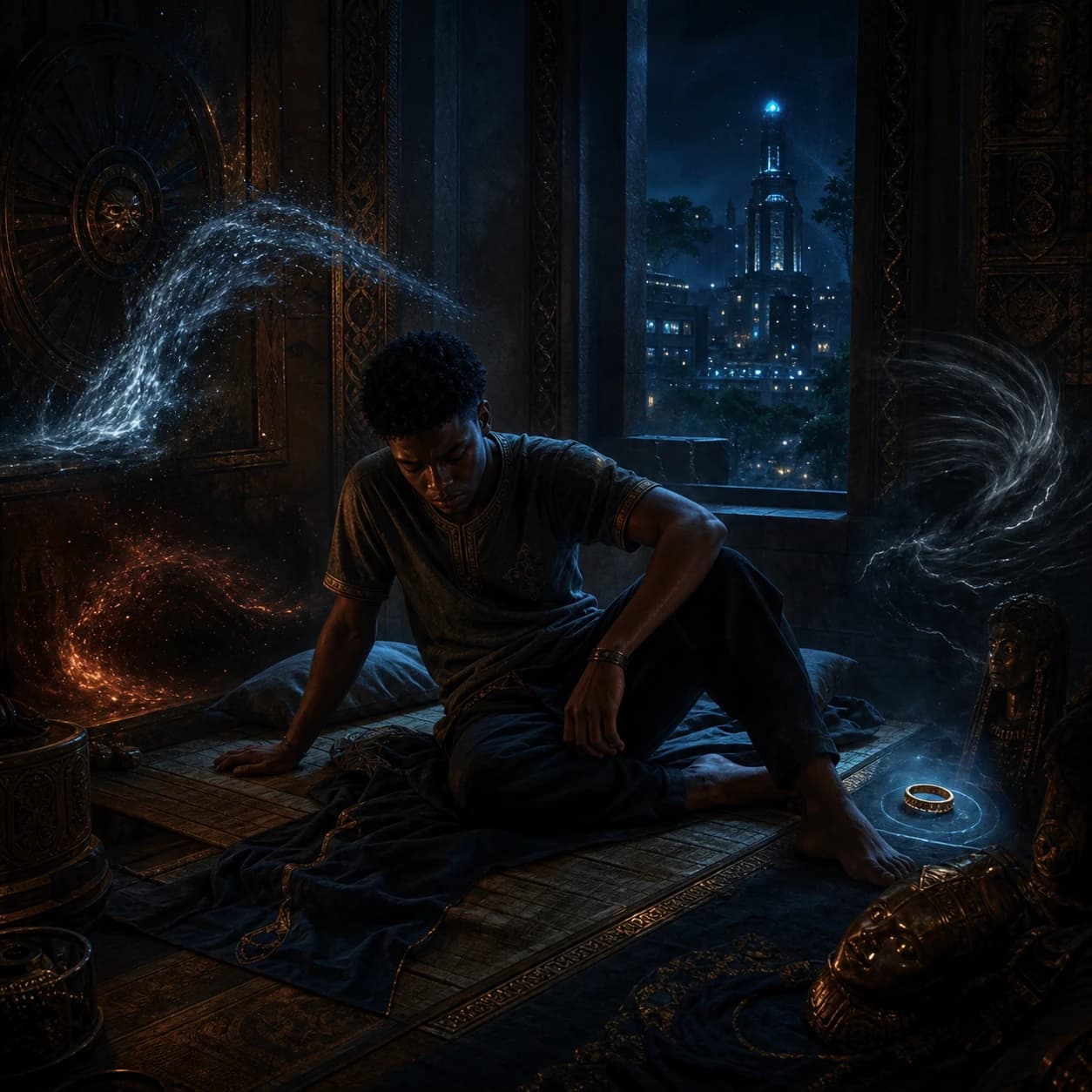 A seated figure is surrounded by currents of blue and gold light in a night room.