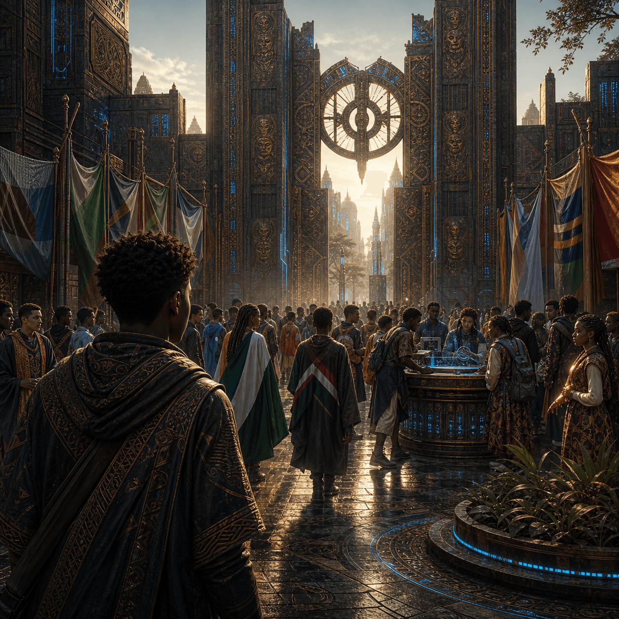 A crowded courtyard stands beneath carved gates and many coloured banners.