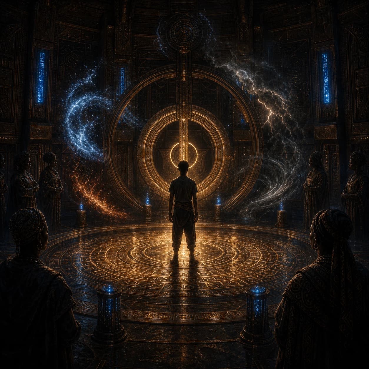 A figure stands within luminous circles while silhouettes watch from a dark chamber.