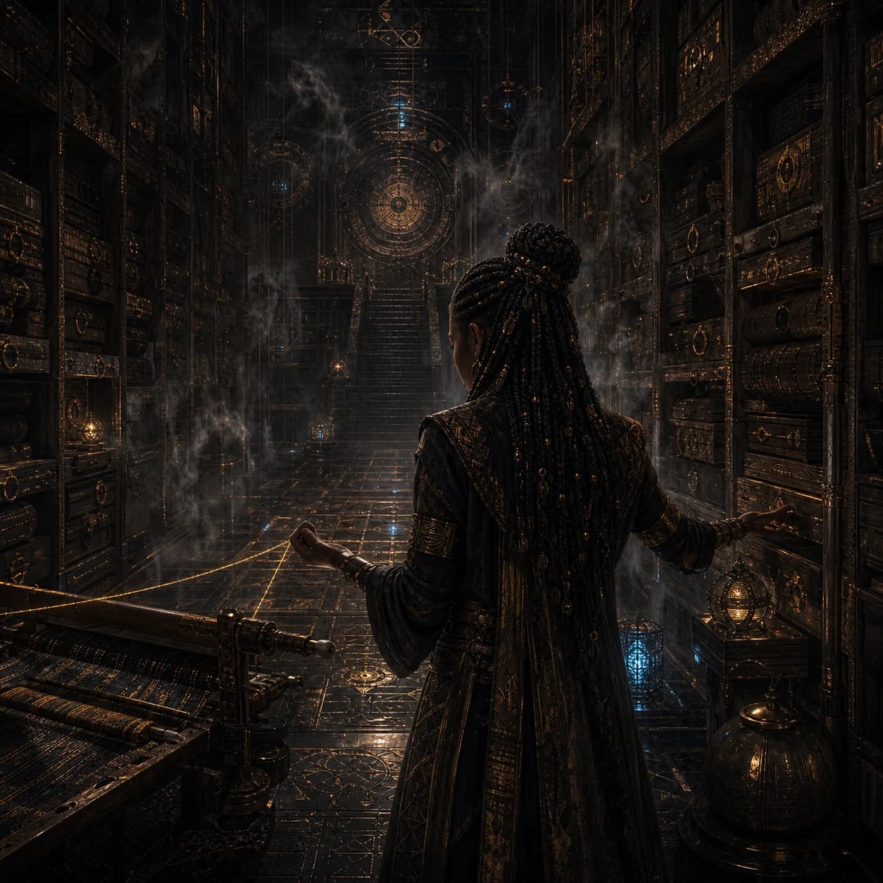 A robed figure stands among tall shelves, fine gold lines and small lamps.