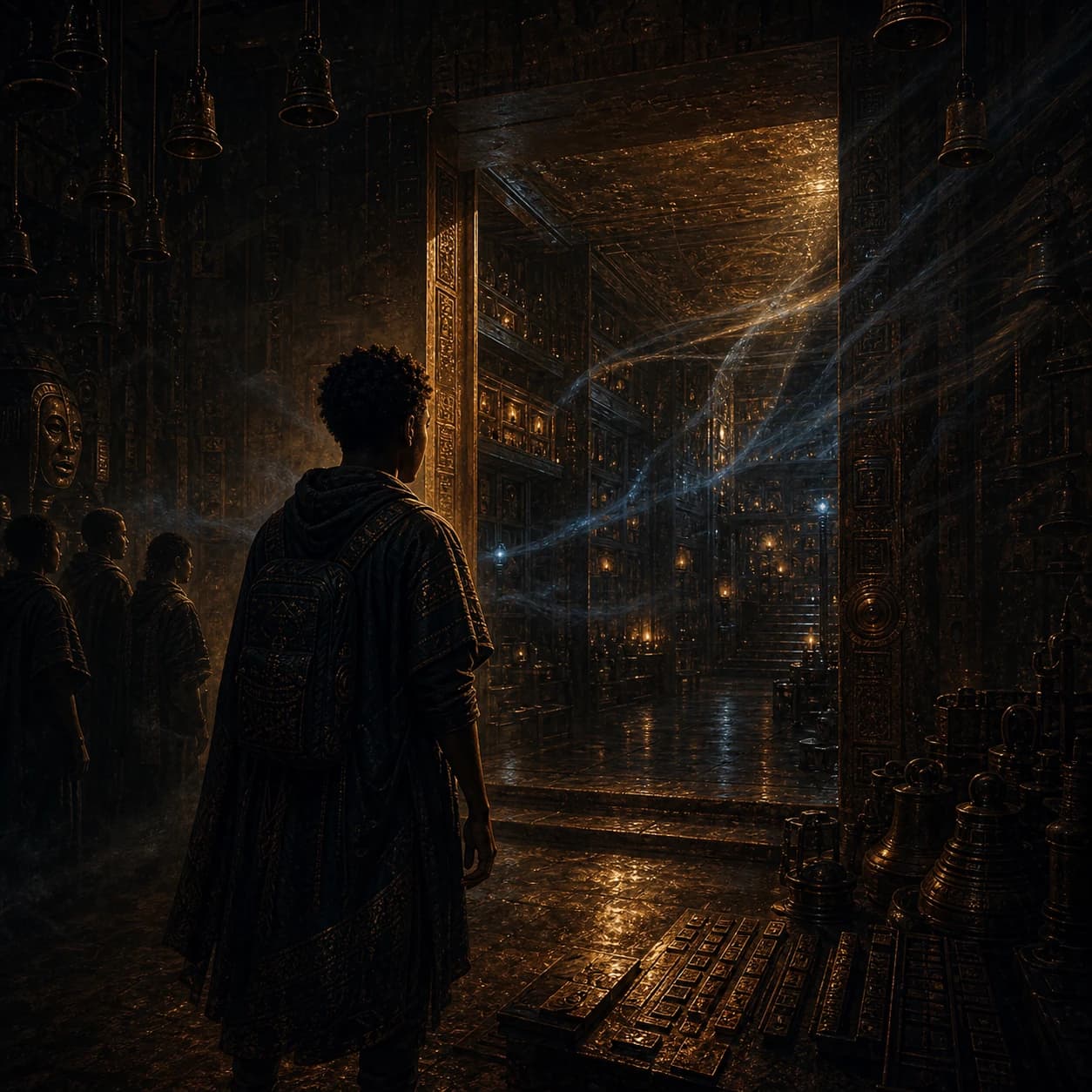 Figures stand before a tall illuminated threshold in a shadowed chamber.