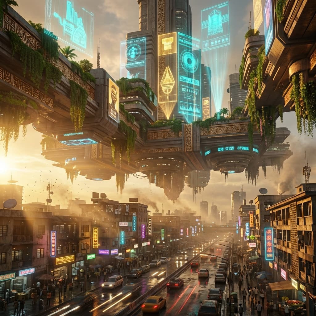 Lagos in 2067: shrines, floating markets and holographic skylines sharing the same gold light
