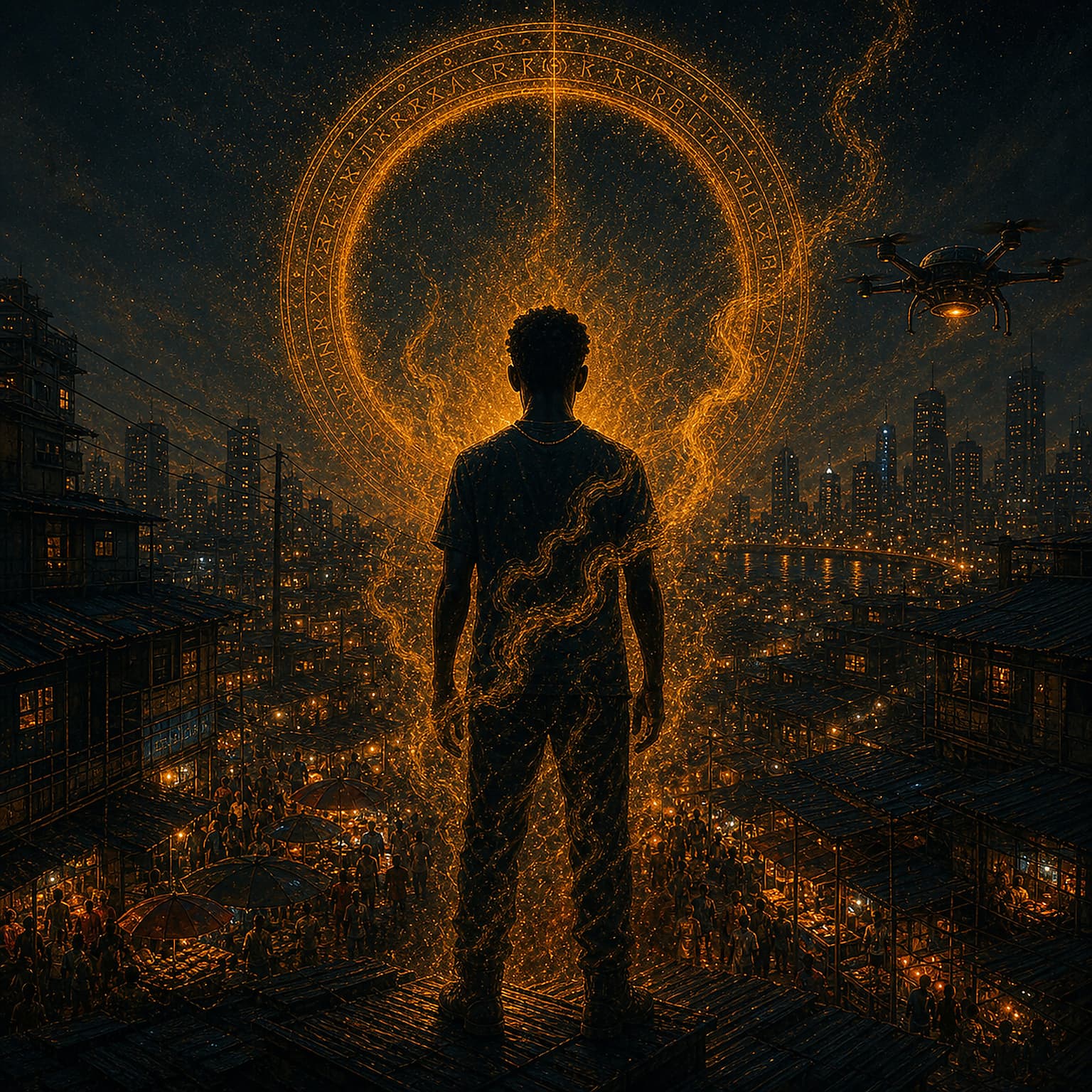 Afolabi stands in rain-lit Neo-Ajegunle beneath surveillance drones and sacred gold traces as the city begins to remember him.
