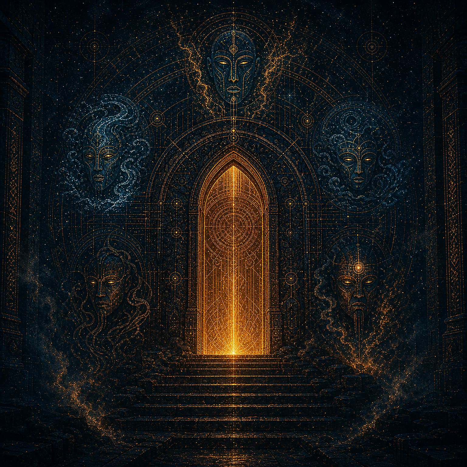 A glowing temple doorway rises beneath five sacred masks, its golden geometry opening into the Frame mysteries.