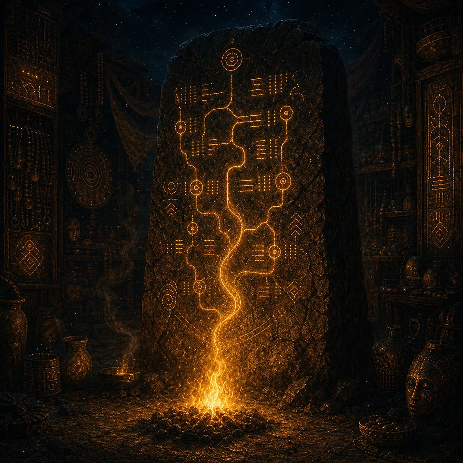 A carved stone monolith glows with riverlike runes above a ritual fire in a chamber filled with masks and sacred vessels.