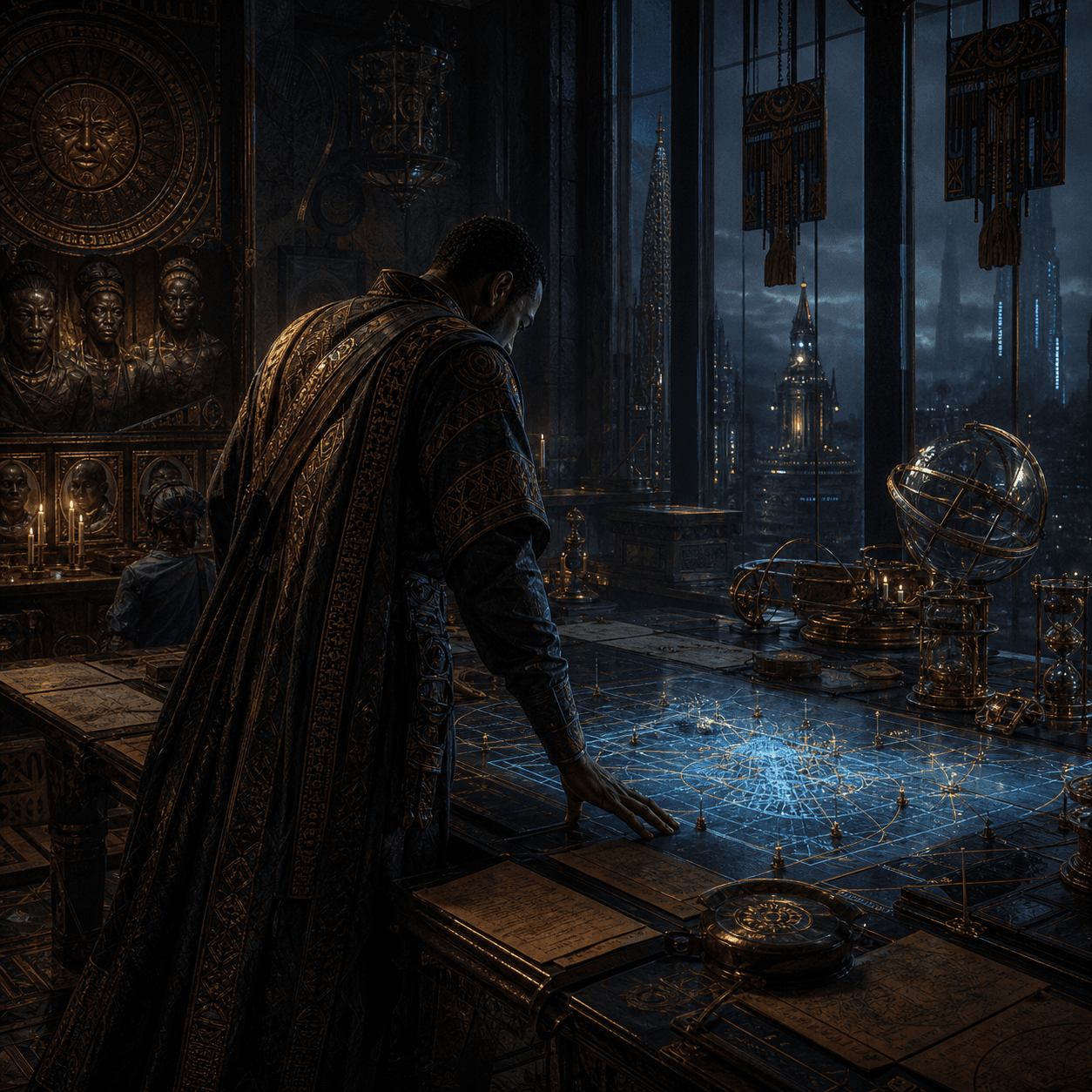 A figure studies a blue-lit map in a carved chamber overlooking a city at night.