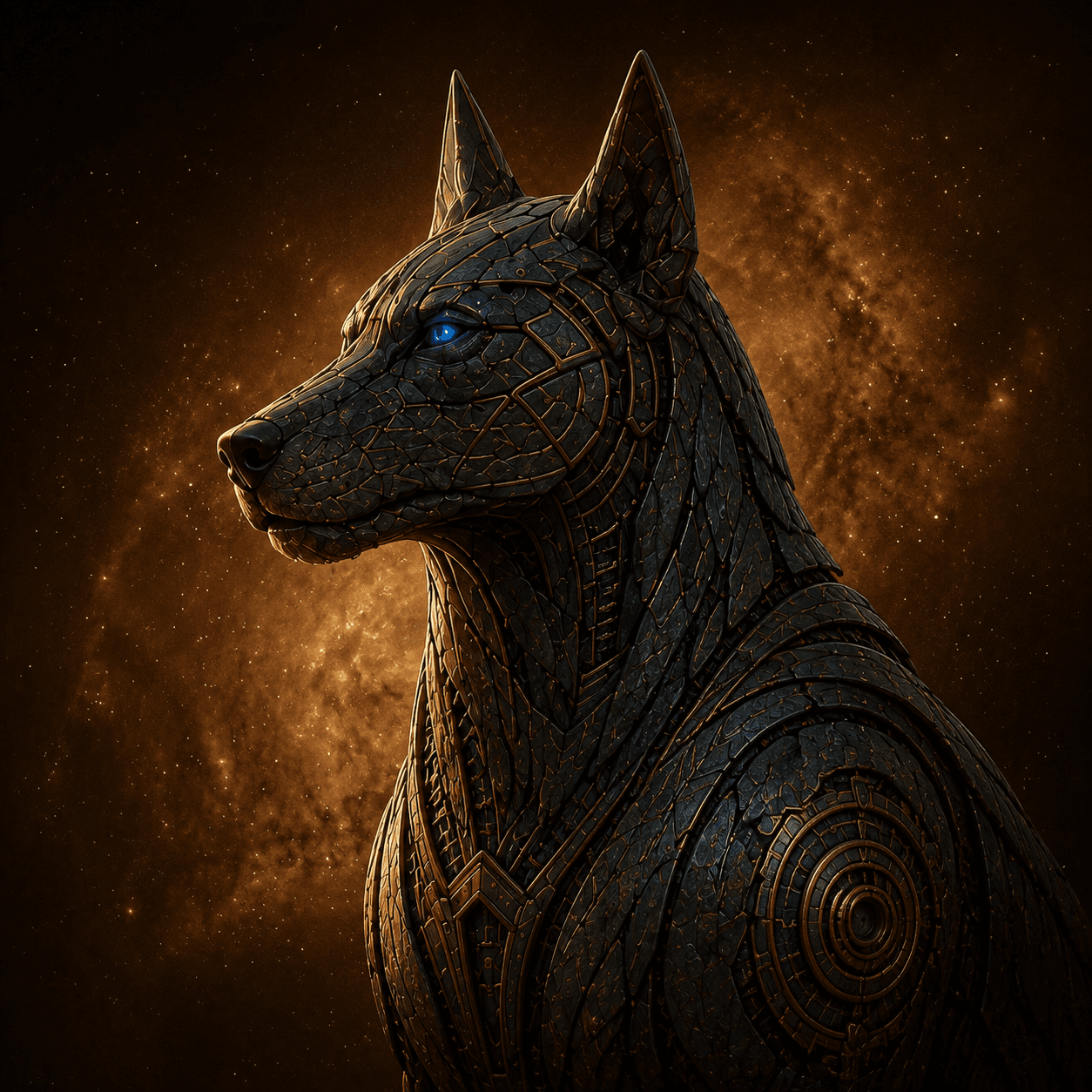 The Sentinel, a dark armoured canine with gold detailing and blue eyes