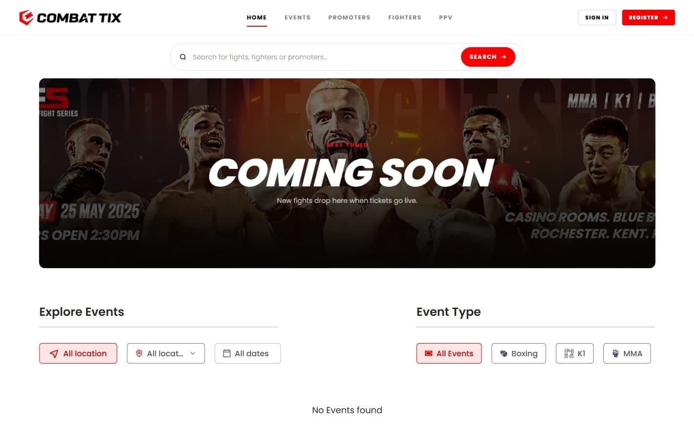 The Combat Tix website homepage